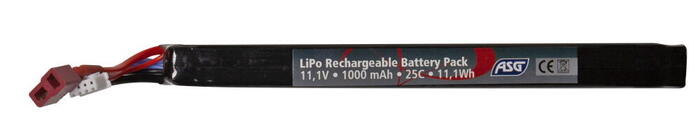 Her ses dette stang type 11,1V 1000 mAh 25C LiPo batteri hvor der er monteret Deans stik på