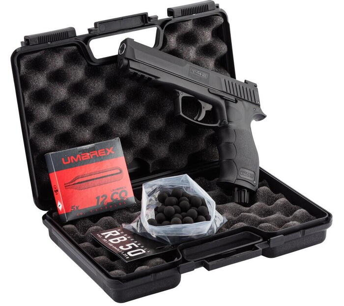 Pakken kommer inkluderet med Paintball pistolen, 10x gummi kugler samt en kasse med 5 Co2 patroner