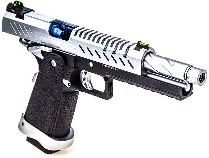 Airsoft Vorsk hi-capa 5.1 med et blowback system og softgun pistolen har en metalisk sølv farve