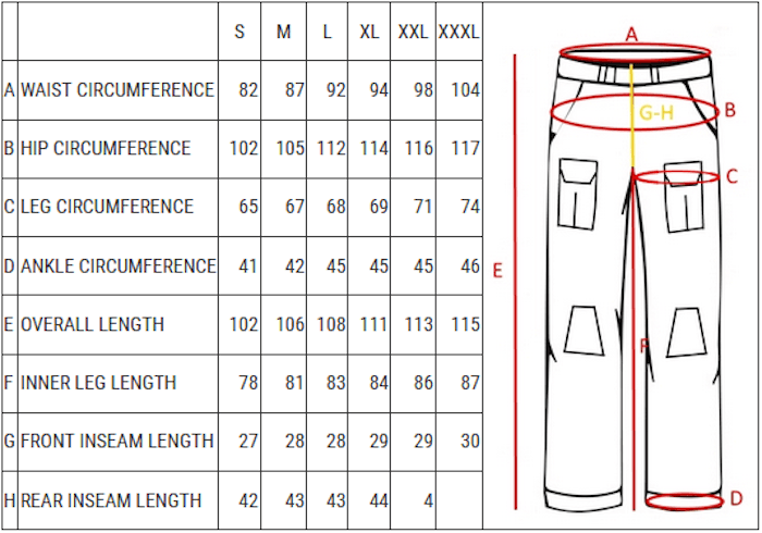 Størrelses diagram over bukser
